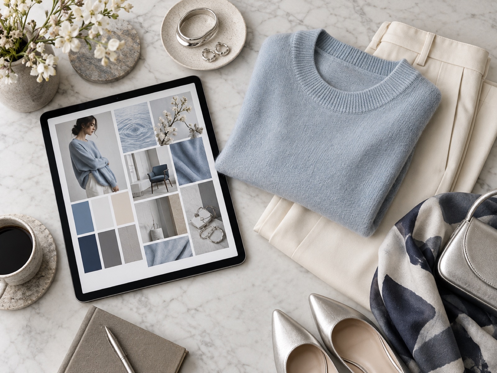 タブレットでコーディネート提案を見ながら服を選ぶイメージ